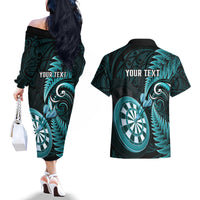Personalised New Zealand Darts Couples Matching Off The Shoulder Long Sleeve Dress and Hawaiian Shirt Happiness Is A Tight Threesome Maori Turquoise LT14 - Polynesian Pride