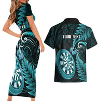 Personalised New Zealand Darts Couples Matching Short Sleeve Bodycon Dress and Hawaiian Shirt Happiness Is A Tight Threesome Maori Turquoise LT14 - Polynesian Pride