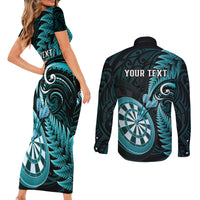 Personalised New Zealand Darts Couples Matching Short Sleeve Bodycon Dress and Long Sleeve Button Shirts Happiness Is A Tight Threesome Maori Turquoise LT14 - Polynesian Pride