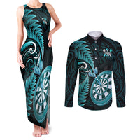 Personalised New Zealand Darts Couples Matching Tank Maxi Dress and Long Sleeve Button Shirts Happiness Is A Tight Threesome Maori Turquoise LT14 Turquoise - Polynesian Pride
