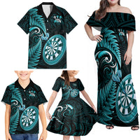 Personalised New Zealand Darts Family Matching Off Shoulder Maxi Dress and Hawaiian Shirt Happiness Is A Tight Threesome Maori Turquoise LT14 - Polynesian Pride