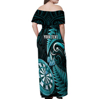 Personalised New Zealand Darts Family Matching Off Shoulder Maxi Dress and Hawaiian Shirt Happiness Is A Tight Threesome Maori Turquoise LT14 - Polynesian Pride