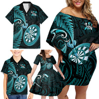 Personalised New Zealand Darts Family Matching Off Shoulder Short Dress and Hawaiian Shirt Happiness Is A Tight Threesome Maori Turquoise LT14 - Polynesian Pride