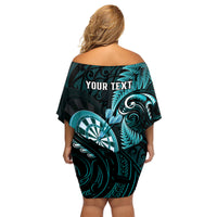 Personalised New Zealand Darts Family Matching Off Shoulder Short Dress and Hawaiian Shirt Happiness Is A Tight Threesome Maori Turquoise LT14 - Polynesian Pride