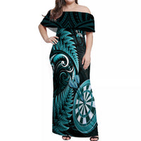 Personalised New Zealand Darts Off Shoulder Maxi Dress Happiness Is A Tight Threesome Maori Turquoise LT14 Women Turquoise - Polynesian Pride