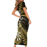 New Zealand Darts Family Matching Short Sleeve Bodycon Dress and Hawaiian Shirt Happiness Is A Tight Threesome Maori Gold LT14 - Polynesian Pride