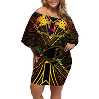 Papua New Guinea Central Province Off Shoulder Short Dress Papua Niugini Coat Of Arms With Flag Style LT14 Women Black - Polynesian Pride