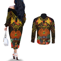 Papua New Guinea Western Province Couples Matching Off The Shoulder Long Sleeve Dress and Long Sleeve Button Shirts Papua Niugini Coat Of Arms With Flag Style LT14 - Polynesian Pride
