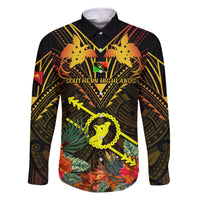 Papua New Guinea Southern Highlands Province Family Matching Off Shoulder Long Sleeve Dress and Hawaiian Shirt Papua Niugini Coat Of Arms With Flag Style LT14 Dad's Shirt - Long Sleeve Black - Polynesian Pride