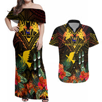 Papua New Guinea Manus Province Couples Matching Off Shoulder Maxi Dress and Hawaiian Shirt Papua Niugini Coat Of Arms With Flag Style LT14 Black - Polynesian Pride