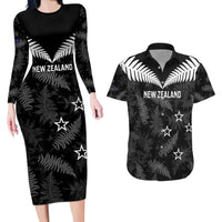 Custom New Zealand Silver Fern Football Couples Matching Long Sleeve Bodycon Dress and Hawaiian Shirt Go Aotearoa Grunge Black LT14 Black - Polynesian Pride