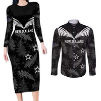 Custom New Zealand Silver Fern Football Couples Matching Long Sleeve Bodycon Dress and Long Sleeve Button Shirt Go Aotearoa Grunge Black LT14 Black - Polynesian Pride