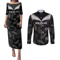 Custom New Zealand Silver Fern Football Couples Matching Puletasi and Long Sleeve Button Shirt Go Aotearoa Grunge Black LT14 Black - Polynesian Pride