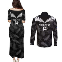 Custom New Zealand Silver Fern Football Couples Matching Puletasi and Long Sleeve Button Shirt Go Aotearoa Grunge Black LT14 - Polynesian Pride