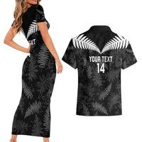 Custom New Zealand Silver Fern Football Couples Matching Short Sleeve Bodycon Dress and Hawaiian Shirt Go Aotearoa Grunge Black LT14 - Polynesian Pride