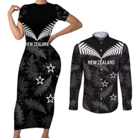 Custom New Zealand Silver Fern Football Couples Matching Short Sleeve Bodycon Dress and Long Sleeve Button Shirt Go Aotearoa Grunge Black LT14 Black - Polynesian Pride