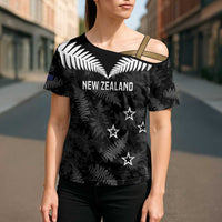 Custom New Zealand Silver Fern Football Cross Shoulder Shirt Go Aotearoa Grunge Black LT14 - Polynesian Pride