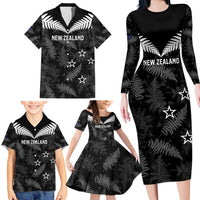 Custom New Zealand Silver Fern Football Family Matching Long Sleeve Bodycon Dress and Hawaiian Shirt Go Aotearoa Grunge Black LT14 - Polynesian Pride