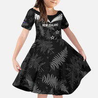 Custom New Zealand Silver Fern Football Family Matching Off The Shoulder Long Sleeve Dress and Hawaiian Shirt Go Aotearoa Grunge Black LT14 Daughter's Dress Black - Polynesian Pride