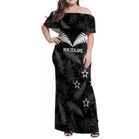Custom New Zealand Silver Fern Football Family Matching Off Shoulder Maxi Dress and Hawaiian Shirt Go Aotearoa Grunge Black LT14 Mom's Dress Black - Polynesian Pride