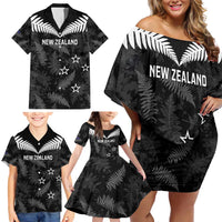 Custom New Zealand Silver Fern Football Family Matching Off Shoulder Short Dress and Hawaiian Shirt Go Aotearoa Grunge Black LT14 - Polynesian Pride