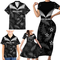 Custom New Zealand Silver Fern Football Family Matching Short Sleeve Bodycon Dress and Hawaiian Shirt Go Aotearoa Grunge Black LT14 - Polynesian Pride