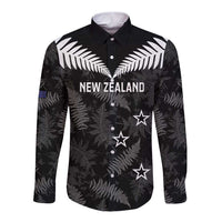 Custom New Zealand Silver Fern Football Long Sleeve Button Shirt Go Aotearoa Grunge Black LT14 Unisex Black - Polynesian Pride