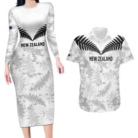 Custom New Zealand Silver Fern Football Couples Matching Long Sleeve Bodycon Dress and Hawaiian Shirt Go Aotearoa Grunge White LT14 White - Polynesian Pride