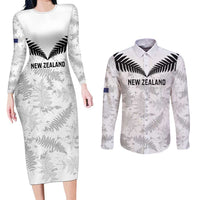 Custom New Zealand Silver Fern Football Couples Matching Long Sleeve Bodycon Dress and Long Sleeve Button Shirt Go Aotearoa Grunge White LT14 White - Polynesian Pride