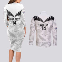 Custom New Zealand Silver Fern Football Couples Matching Long Sleeve Bodycon Dress and Long Sleeve Button Shirt Go Aotearoa Grunge White LT14 - Polynesian Pride
