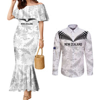 Custom New Zealand Silver Fern Football Couples Matching Mermaid Dress and Long Sleeve Button Shirt Go Aotearoa Grunge White LT14 White - Polynesian Pride