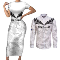 Custom New Zealand Silver Fern Football Couples Matching Short Sleeve Bodycon Dress and Long Sleeve Button Shirt Go Aotearoa Grunge White LT14 White - Polynesian Pride