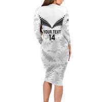 Custom New Zealand Silver Fern Football Family Matching Long Sleeve Bodycon Dress and Hawaiian Shirt Go Aotearoa Grunge White LT14 - Polynesian Pride