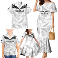 Custom New Zealand Silver Fern Football Family Matching Mermaid Dress and Hawaiian Shirt Go Aotearoa Grunge White LT14 - Polynesian Pride