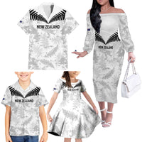 Custom New Zealand Silver Fern Football Family Matching Off The Shoulder Long Sleeve Dress and Hawaiian Shirt Go Aotearoa Grunge White LT14 - Polynesian Pride