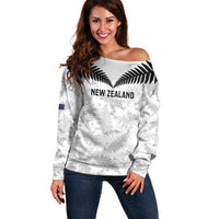 Custom New Zealand Silver Fern Football Off Shoulder Sweater Go Aotearoa Grunge White LT14 Women White - Polynesian Pride
