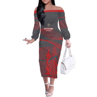 Custom New Caledonia Football Family Matching Off The Shoulder Long Sleeve Dress and Hawaiian Shirt Allez Les Cagous Grey Version - Polynesian Pride