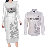 Custom New Caledonia Football Couples Matching Long Sleeve Bodycon Dress and Long Sleeve Button Shirt Allez Les Cagous White Version LT14 White - Polynesian Pride