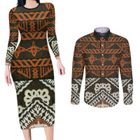 Bula Fiji Tapa Couples Matching Long Sleeve Bodycon Dress and Long Sleeve Button Shirt Fijian Masi Vintage Vibes LT14 Brown - Polynesian Pride