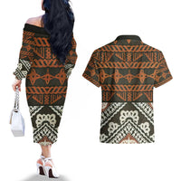 Bula Fiji Tapa Couples Matching Off The Shoulder Long Sleeve Dress and Hawaiian Shirt Fijian Masi Vintage Vibes LT14 - Polynesian Pride