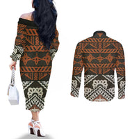Bula Fiji Tapa Couples Matching Off The Shoulder Long Sleeve Dress and Long Sleeve Button Shirt Fijian Masi Vintage Vibes LT14 - Polynesian Pride