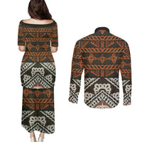 Bula Fiji Tapa Couples Matching Puletasi and Long Sleeve Button Shirt Fijian Masi Vintage Vibes LT14 - Polynesian Pride
