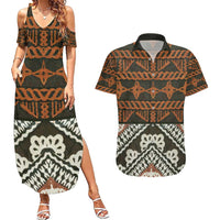 Bula Fiji Tapa Couples Matching Summer Maxi Dress and Hawaiian Shirt Fijian Masi Vintage Vibes LT14 Brown - Polynesian Pride