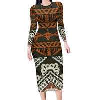 Bula Fiji Tapa Long Sleeve Bodycon Dress Fijian Masi Vintage Vibes LT14 Long Dress Brown - Polynesian Pride