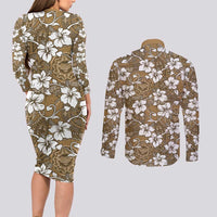 Kuvui Bula Fiji Couples Matching Long Sleeve Bodycon Dress and Long Sleeve Button Shirt Fijian Tapa Seamless Hibiscus LT14 - Polynesian Pride