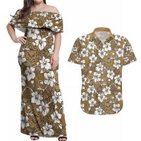 Kuvui Bula Fiji Couples Matching Off Shoulder Maxi Dress and Hawaiian Shirt Fijian Tapa Seamless Hibiscus LT14 Brown - Polynesian Pride