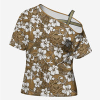 Kuvui Bula Fiji Cross Shoulder Shirt Fijian Tapa Seamless Hibiscus LT14 Female Brown - Polynesian Pride
