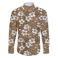 Kuvui Bula Fiji Family Matching Off The Shoulder Long Sleeve Dress and Hawaiian Shirt Fijian Tapa Seamless Hibiscus LT14 Dad's Shirt - Long Sleeve Brown - Polynesian Pride