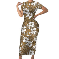 Kuvui Bula Fiji Family Matching Short Sleeve Bodycon Dress and Hawaiian Shirt Fijian Tapa Seamless Hibiscus LT14 Mom's Dress Brown - Polynesian Pride