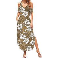 Kuvui Bula Fiji Summer Maxi Dress Fijian Tapa Seamless Hibiscus LT14 Women Brown - Polynesian Pride